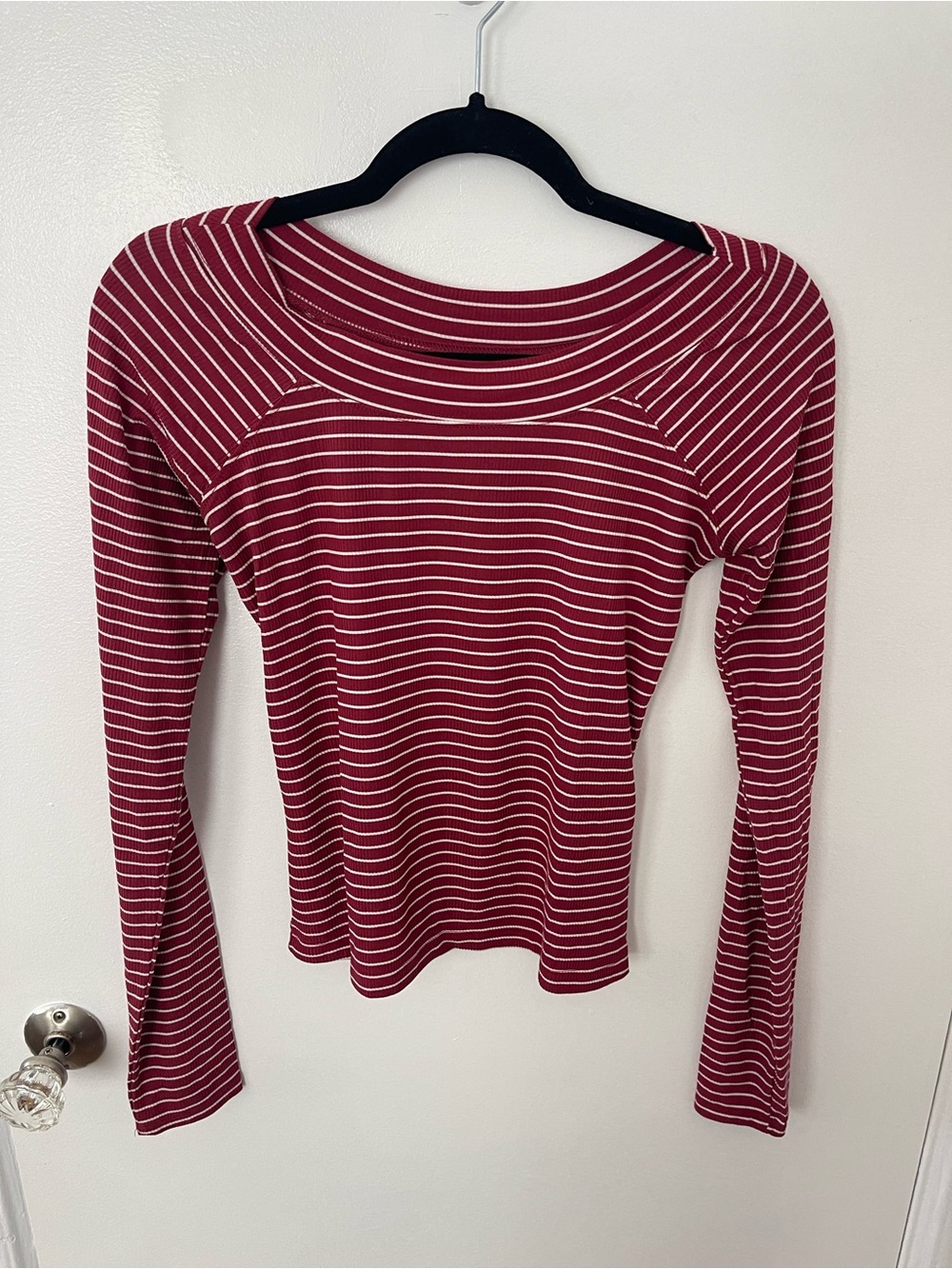BDG Burgundy and White Striped Long-Sleeve Boatneck Top from Urban Outfitters